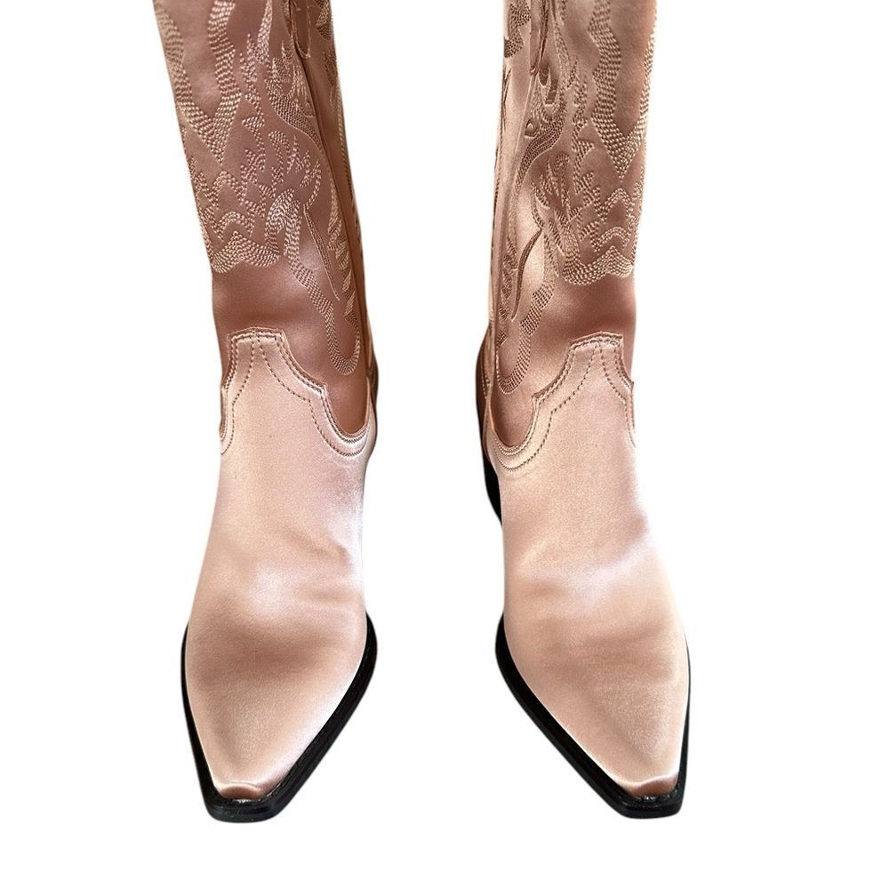 Free People Jeffrey Campbell Dagget Rose Gold Satin Cowboy Boots | Size 6.5 - Picture 10 of 11